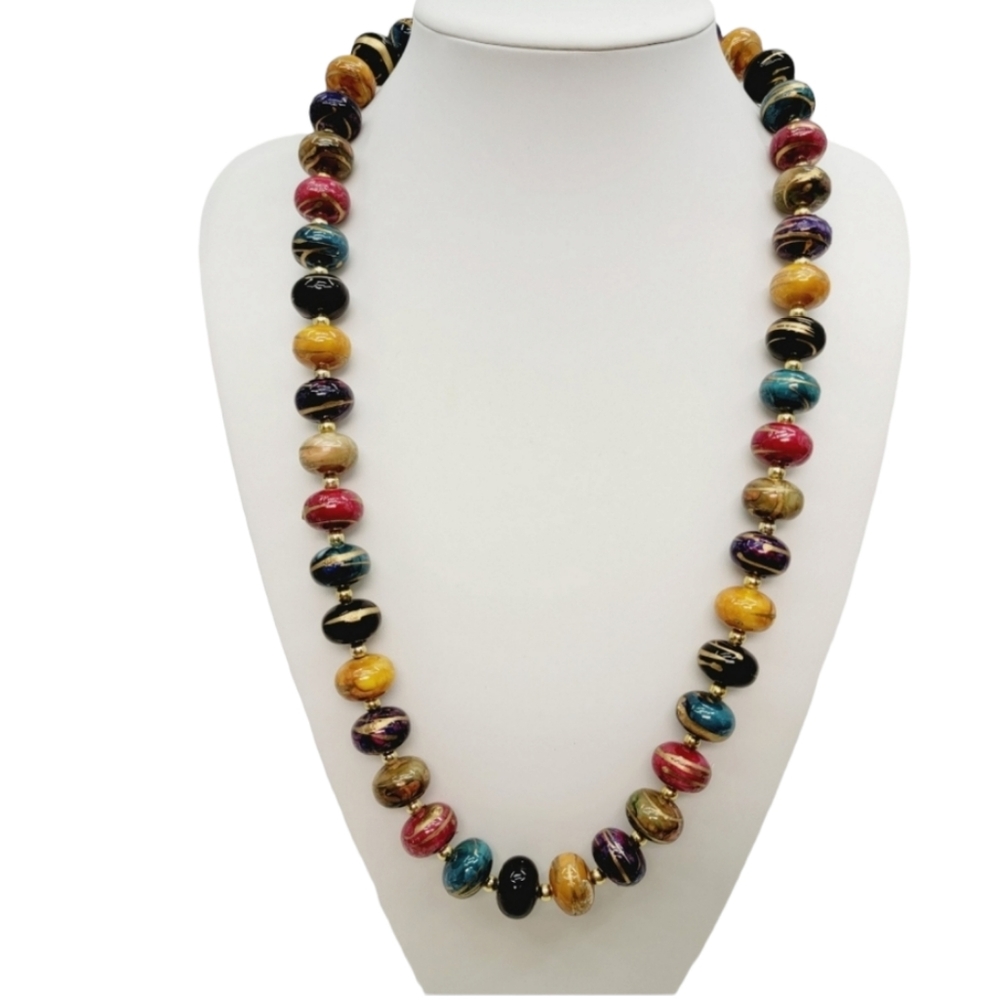 Vintage Wood Colorful Beaded Statement Necklace‎ with Gold Colored Balls